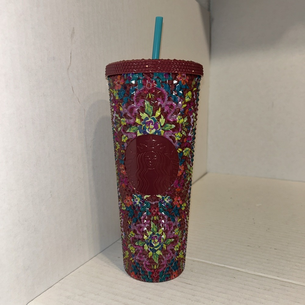Starbucks Floral Tumbler in Burgundy with Teal Straw